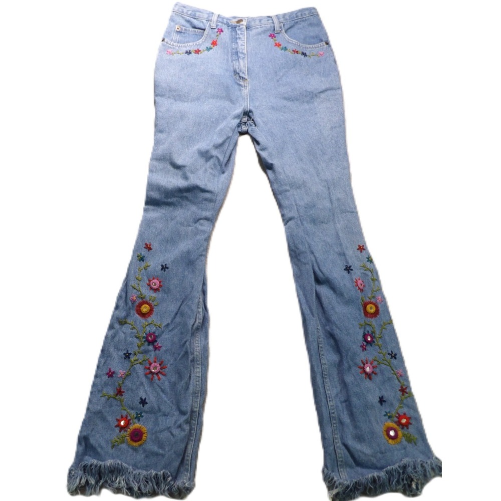 VTG Carole Little CL Sport Embroidery Floral Flare Cotton Jeans Women 4 Blue Y2K